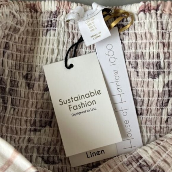 NWT HOUSE OF HARLOW 1960 SMOCKED OFF THE SHOULDER LINEN FLORAL MIDI DRESS - Picture 7 of 10